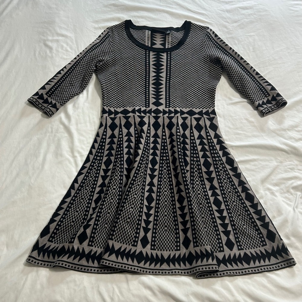 Nina Leonard Womens Black Tan Geometric Jacquard Fit Flare Sweater Dress Large